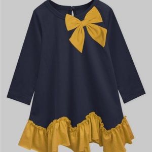 A.T.U.N. Girls Navy Mustard Full-Sleeve Amy Dress with matching leggings.